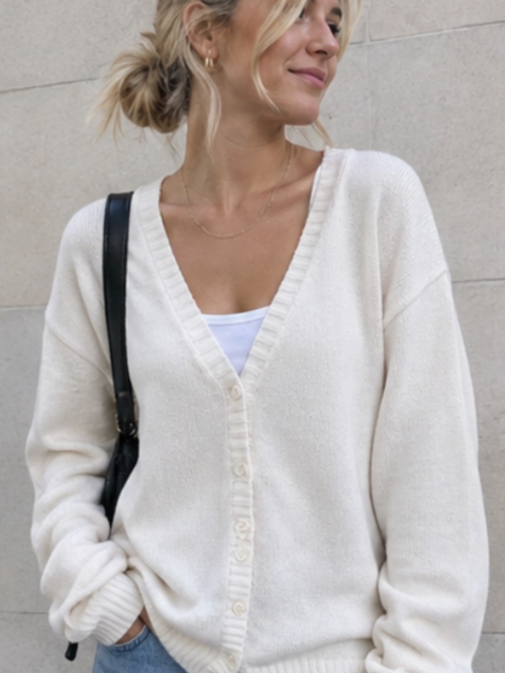 Brandy Melville Cream Knit V-Neck Cardigan Sweater